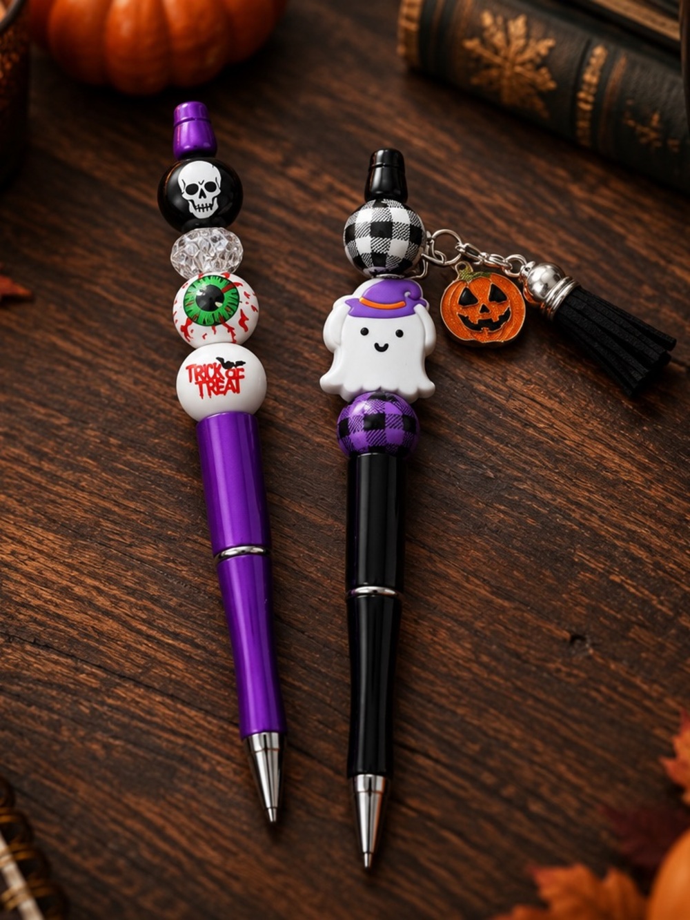 Halloween Handmade Ghost & Skull Beaded 2 Pens - Purple and Black